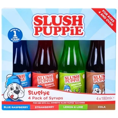 Image of SLUSH PUPPiE Zero 4 Pack Syrup Set. Includes Cola, Blue Raspberry, Lemon &amp; Lime Strawberry Flavours. Sugar Puppy Gift x 180ml. Official Merchandise.