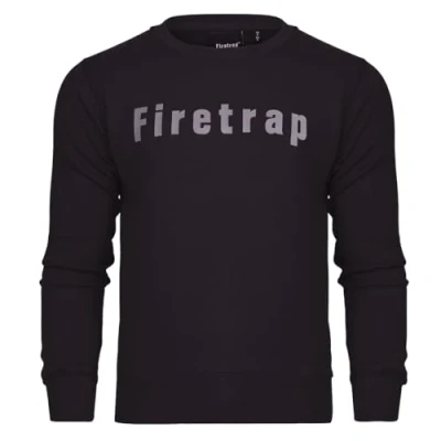 Image of Firetrap Mens Designer Crew Neck Fleece Classic Logo Sweat Top Branded Pullover Jumper Round Soft Cotton Sweatshirt Black M