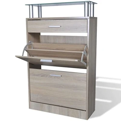 Image of vidaXL Shoe Cabinet with a Drawer and Top Glass Shelf Wood Oak Look Storage