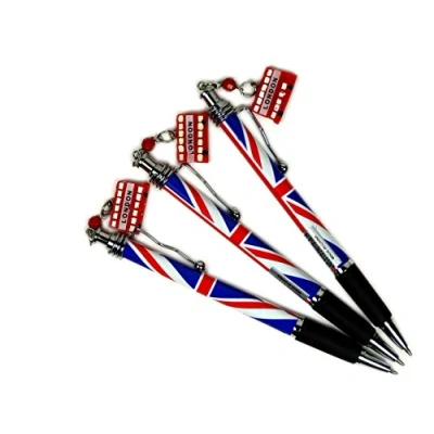 Image of Pens Red Bus Charm Silver Clip Rollerball with Union Jack Design, Set of 3, London Souvenir Collectable