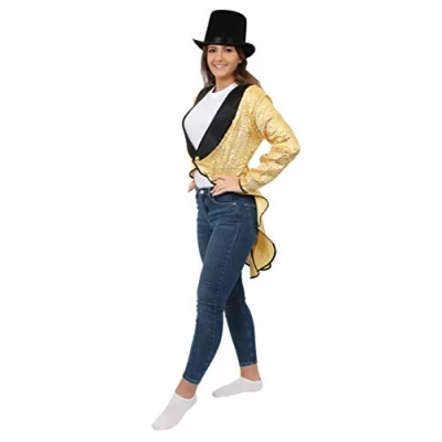 Image of GOLD SEQUIN TAILCOAT + BLACK TOP HAT CABARET FANCY DRESS COSTUME LADIES TAIL COAT WITH EDGING &amp; BUTTON DETAIL (UK 8/10)