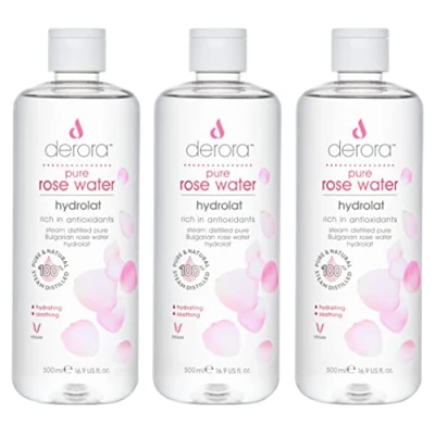Image of Pure Rose Water by Derora 100% &amp; Natural Hydrolat Spray Skincare for Soothing Hydrating The Skin, Face Hair Vegan Cruelty Free (500ml (Pack of 3))
