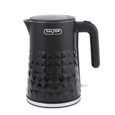Image of Salter EK6103BLK 1.5 L Kettle 3kW Fast Boil Electric Tea Kettle, Double Walled to Keep Warm, 360 Swivel Base, Cool Touch Body, Water Level Indicator, Modern Diamond Design, Flip Lid Compact, Black