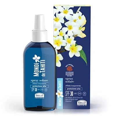 Image of Helan, Monoï de Tahiti Sunscreen Spray 30 Body Transparent, with Coconut Oil, Pure Shea Butter Esters and Vitamin E, Sun Protection SPF Medium against UVA non greasy staining 150 ml