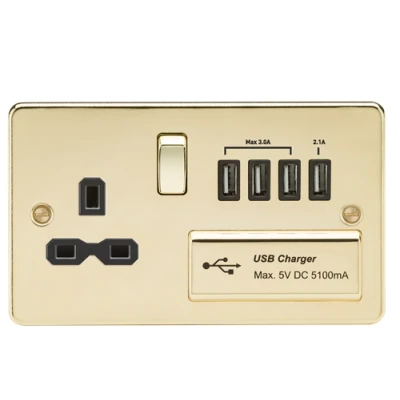 Image of KnightsBridge Flat plate 13A switched socket with quad USB charger polished brass black insert