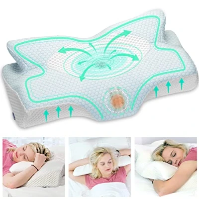 Image of Elviros Cervical Contour Memory Foam Pillow for Neck Pain Orthopedic Shoulder Ergonomic Head Support Side/Back/Stomach Sleepers with Removable Cover (Blue)