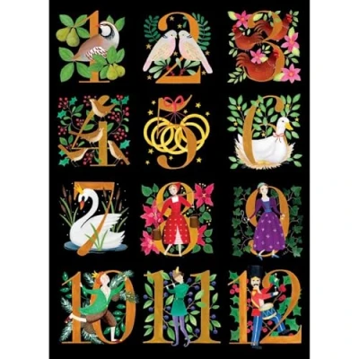 Image of Charity Christmas Cards Pack of 8 BHF, Marie Curie, Mind, NSPCC, Shelter Twelve Days Artistic Festive Design Eco Friendly Made in the UK