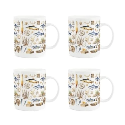 Image of Purely Home Seaside Maritime Aquatic Mugs Set Sailing Fishing Diving Gift Present Tea Coffee White Bone China Mug Pack of 4