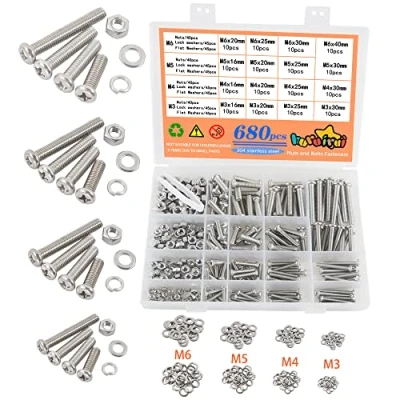Image of huruirui 680pcs M3 M4 M5 M6 Nuts and Bolts Washers Set Machine Screws Nut 304 Stainless Steel Cross Pan Head Hex Washer Assortment Kit for Fastener