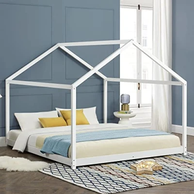 Image of [en.casa] Children&#039;s Bed Cerro house Youth with slatted frame Montessori made of solid pine 160x200cm White