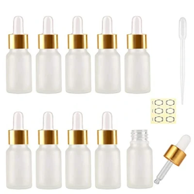 Image of Alledomain 10Pcs, 10ml Frosted Glass Bottles with Dropper Pipettes, Mini Empty Golden Metal Cap Refillable Sample Container for Essential Oil/Aromatherapy Blends/Chemical Liquid