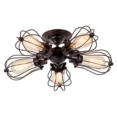 Image of Luling Vintage Ceiling Light Industrial, Chandeliers E27 Socket Metal Wire Cage Lamp Semi Flush Mount Rustic Fixtures (No Bulb) (with 5 Light) (Rust)