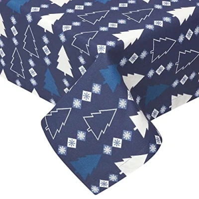 Image of HOMESCAPES Blue Christmas Tablecloth 100% Cotton 4 Seater Table Cloth 137 x cm Square “Blue Winterland Xmas Tree Pattern