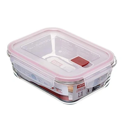 Image of TATAY Glass Food Storage, Airtight, 1.1L of Capacity, Clip Lid, BPA free, Suitable Microwave, Dishwasher, Oven &amp; Freezer. Red. Measures: 15.7 x 20.7x 6.9 cm
