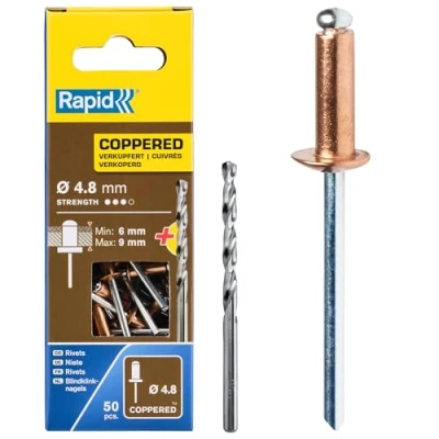 Image of Rapid High Performance Copper Coated Aluminium Rivets, Ø4.8 x 12 mm 4.8mm Rivets for Gutters, Piping, and Sheet Metal Includes Drill 50 Pieces, Carton Boxed (5001467)