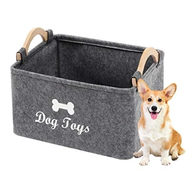 Image of Geyecete dog Toy Basket Storage Bins with Wooden Handle,Collapsible Pet Supplies puppy box Basket/Bin Kids Chest Trunk(Grey)