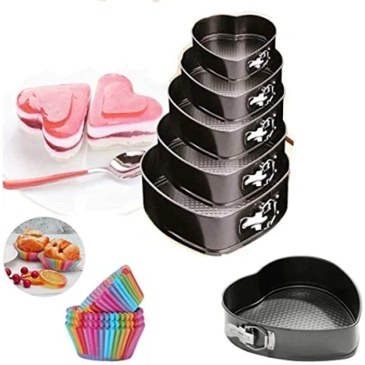 Image of Ultra Non Stick Baking SPRINGFORM Cake TINS &amp; Pack 12 Rainbow Cupcake Cases Tins, Molds (5 Heart Tins)