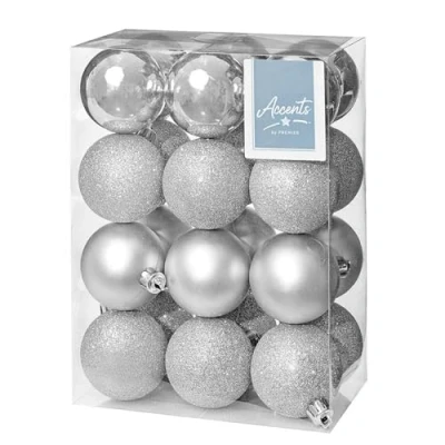 Image of Shatterproof Christmas baubles 24 Pack 60mm Premier Tree Decoration, matt, shinny and glitter (Silver 5474)