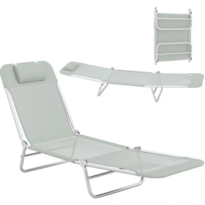 Image of Outsunny Outdoor Foldable Sun Lounger, Adjustable Backrest Garden Recliner Lounger Chair with Headrest Pillow, Light Grey