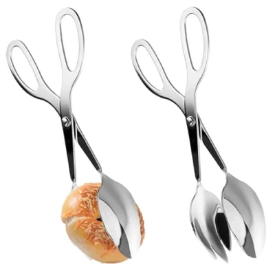 Image of 2 Pcs Scissor Salad Tongs,Stainless Steel Kitchen Cooking Tongs Thickening Food Stainless Barbecue Steak Clip Bbq Serving Tong For Bread, Cake, Buffet, Various Snacks