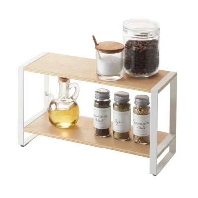 Image of YAMAZAKI 7816 TOSCA 2 Tiered Kitchen Rack, white, Steel/Wood, Minimalist, 33 x 12 19 cm