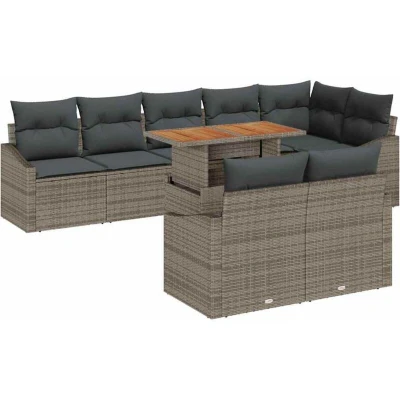 Image of vidaXL 9 Piece Garden Dining Set with Cushions Grey Poly Rattan Acacia