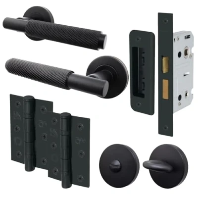 Image of EAI Black Bathroom Door Handle Set Round Internal Knurled Handles, Thumb Turn &amp; Release Set, Lock Hinges (76mm) Matt Dolton Range