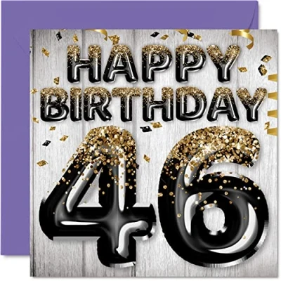 Image of 46th Birthday Card for Men Black &amp; Gold Glitter Balloons Happy Cards 46 Year Old Man Dad Cousin Friend Brother Uncle, 145mm x Forty Six Sixth Bday Greeting Gift