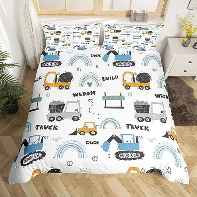 Image of Manfei Truck Duvet Cover Set Single Size, Construction Car Comforter with 1 Pillowcase, Cartoon Blue Rainbow Bedding 2pcs for Kids Boys Girls Bedroom Decor Excavator Tractor Bedspread