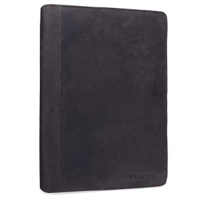 Image of STILORD &#039;Julius&#039; Vintage Conference Folder A4 Leather Brown Portfolio Document Sophisticated Design fit for 12 inch Tablets Genuine Leather, Colour:Dark
