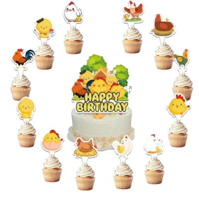 Image of 25 Pcs Chicken Cake Decorations Topper Cupcake Toppers for Birthday Baby Shower Party Supplies Farm Animals