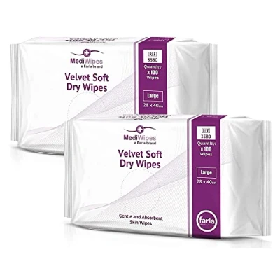Image of MediWipes Large Soft Dry Wipes, 2 x Pack of 100, Medical Velvet &amp; Super Absorbent Wipes For Adults Babies and Personal Care, Patient Care Homes Body Cleansing