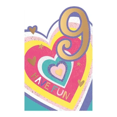 Image of Words &#039;n&#039; Wishes Milestone Age 9 Female Birthday Card for Girls Cute Stripey Heart and Stars with Gold Foil Die Cut Edge Made in England