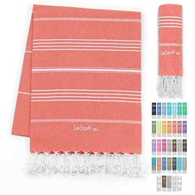 Image of LeStoff Turkish Hammam Towel Quick Drying &amp; Lightweight Peshtemal for Beach, Sauna, Bath, Travel, Yoga Camping Sand Proof Blanket 100% Organic Cotton Eco Friendly (95 x 180 cm, Coral)