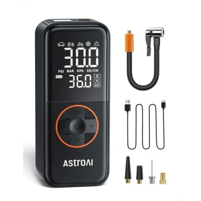 Image of AstroAI L4 Tyre Inflator Cordless Air Compressor, Portable Electric Bike Pump 150 PSI, with Digital Dual Values Display, Pressure Gauge, LEDLight, Rechargeable for Car, Bike, Motorbike