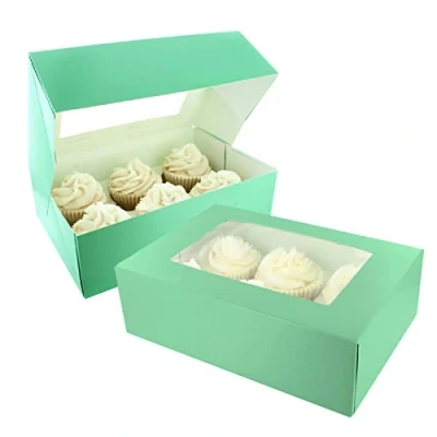 Image of Baked with Love 6/12 Cupcake Box, Twin Pack, Jade Boxes to Carry Tasty Treats, Includes Dual Insert for 6 Standard Cupcakes or 12 Mini Cupcakes, Pack of 2 Green