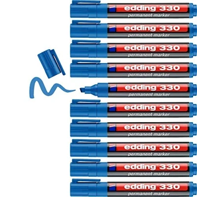 Image of edding 330 permanent marker light blue 10 pens chisel tip 1 5 mm waterproof, quick drying, smear proof for cardboard, plastic, glass, wood, metal and fabric