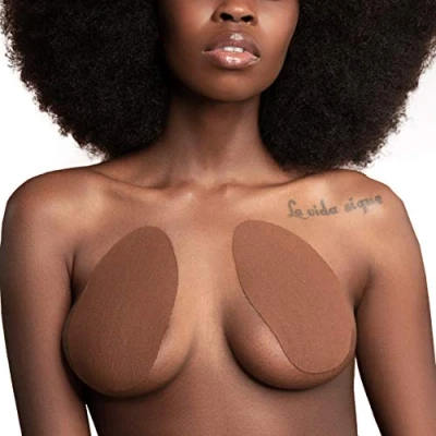 Image of Bye Bra Breast Lift Tape Pads,Adhesive Bra, Lifting Boob with Satin Nipple Covers, Sizes: A C, D F, F H, Multiple Colours Available (Dark Nude, H)