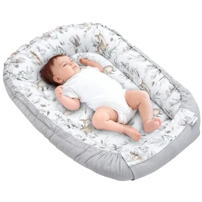 Image of Medi Partners Baby nest Pod Newborn Sleepyhead 100% Cotton Waffle 100x60x15cm Bed Pillow Accessories Cocoon for Babies (Deer in leaves with grey Waffle)