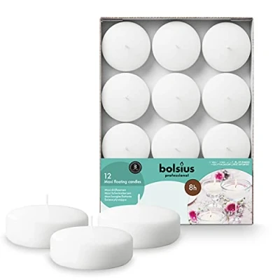 Image of Bolsius Maxi Floating Candles White 12 Pieces in a Box Ø 7.6 cm Burning Time 8 Hours Fragrance Free Paraffin Wax XL Candle Various Occasions