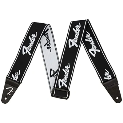 Image of Fender WeighLess Running Logo Guitar Strap, 2in, Black/White