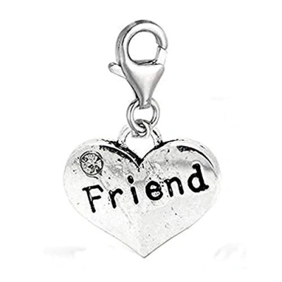 Image of JewelleryJoy Friend Rhinestone Heart Lobster Clip On Clasp Charm for Silver European Chain Link Bracelet in Organza Gift Bag