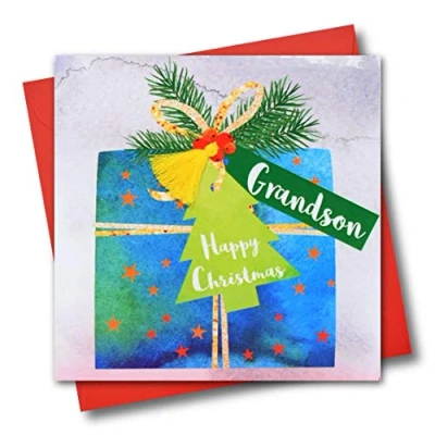 Image of Christmas Card, Present, Grandson, Happy Christmas, Tassel Embellished