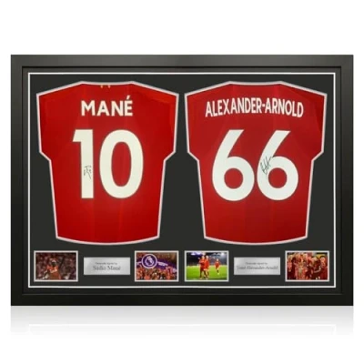 Image of Exclusive Memorabilia Sadio Mane And Trent Alexander Arnold Signed Liverpool 2019 20 Football Shirts. Dual Frame