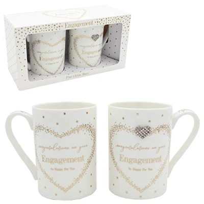 Image of Mad Dots Set of 2 Mugs with Wording Diamante Heart Gift Boxed Engagement