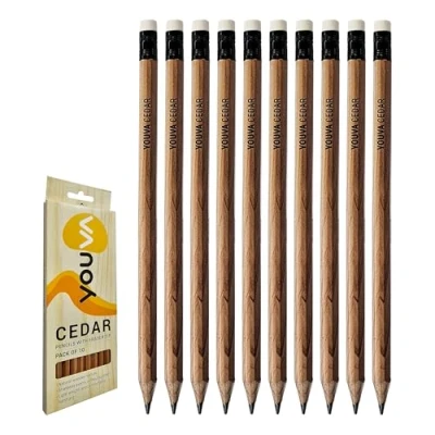 Image of CEDAR RT Wooden Pencils with Rubber Tipped, Pack of 10, Ultra Dark Graphite Lead Pack, Ideal for Write Draw Sketch Use, iZOFAX Black Ball Pen