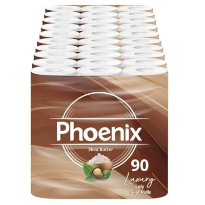 Image of Phoenix Soft Luxury Toilet Rolls Bulk Buy Shea Butter Fragranced Paper Quilted White 3 Ply Pack of 90 Tissue (9x2x2 Packs) 150 Sheets per roll (13,500 Sheets)
