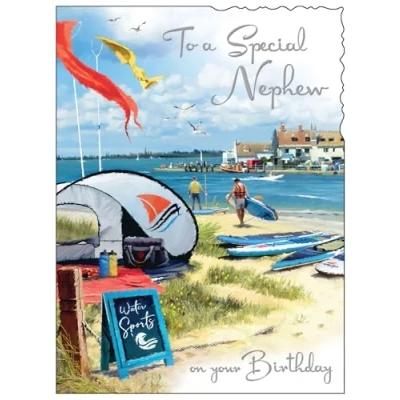 Image of Jonny Javelin Special Nephew Birthday Card Happy with Water Sports Beach Scene and Embossed Foil Details for Men or Boys