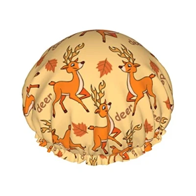 Image of Deer Maple leaf Shower Cap Waterproof Luxury Caps for Women Reusable Bath Hair Fashion Hat with Elastic Easy to Wear
