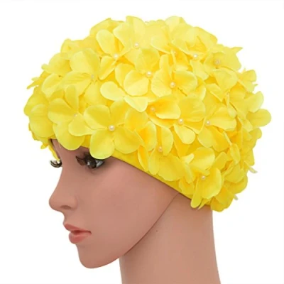 Image of Medifier Vintage Floral Petal Retro Swim Caps Bathing for Women Yellow